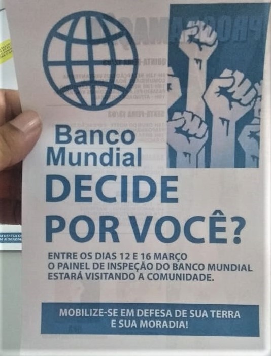 Panfleto produzido pela comunidade Boa Esperança em mobilização para visita do Painel de Inspeção em março de 2020.