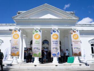 Foto do Plácio de Karnak, sede do poder executivo, com quatro grandes banners explicando os eixos de atuação do Programa Eco Piauí